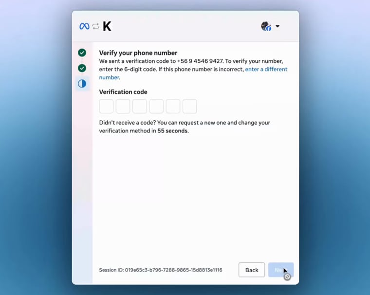 Meta asks for the 6-digit verification code sent by text message or phone call.