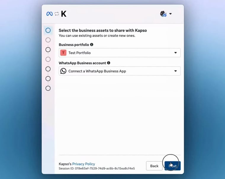 Meta shows the Connect a WhatsApp Business App option under WhatsApp Business account.