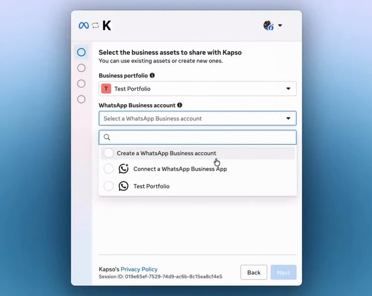 Meta asks you to select the business portfolio to share with Kapso.