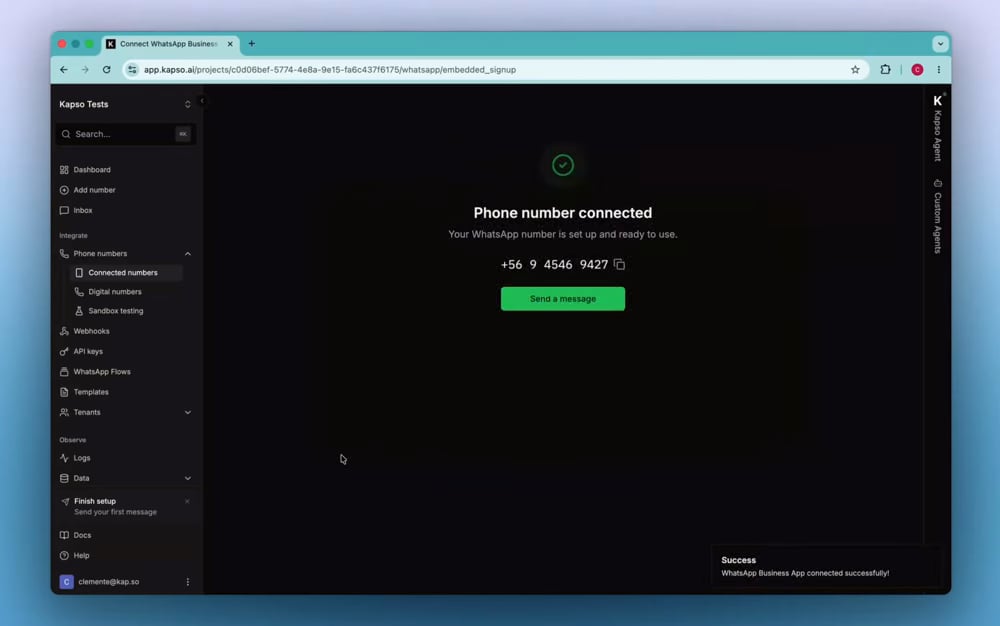 Kapso shows the WhatsApp Business App number as connected after Meta returns to the app.