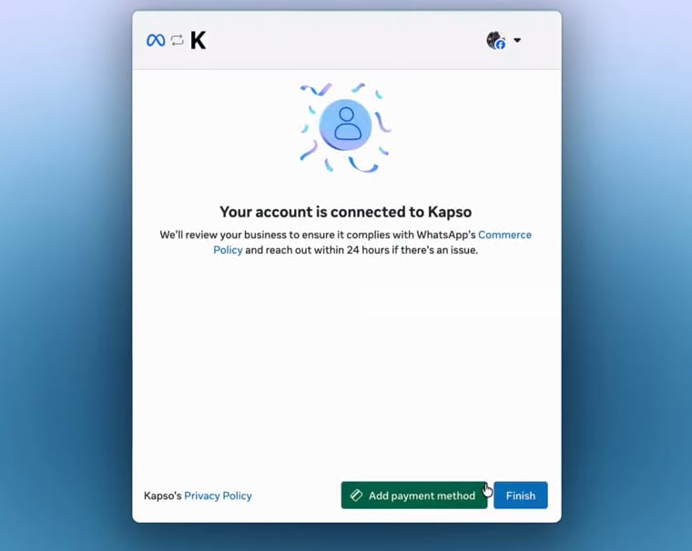 Meta confirms that the account is connected to Kapso.
