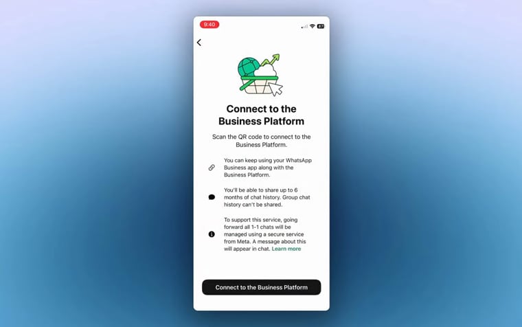 The WhatsApp Business App shows the Connect to the Business Platform screen.