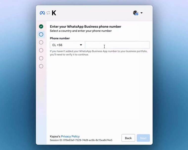 Meta asks for the WhatsApp Business phone number already active in the app.