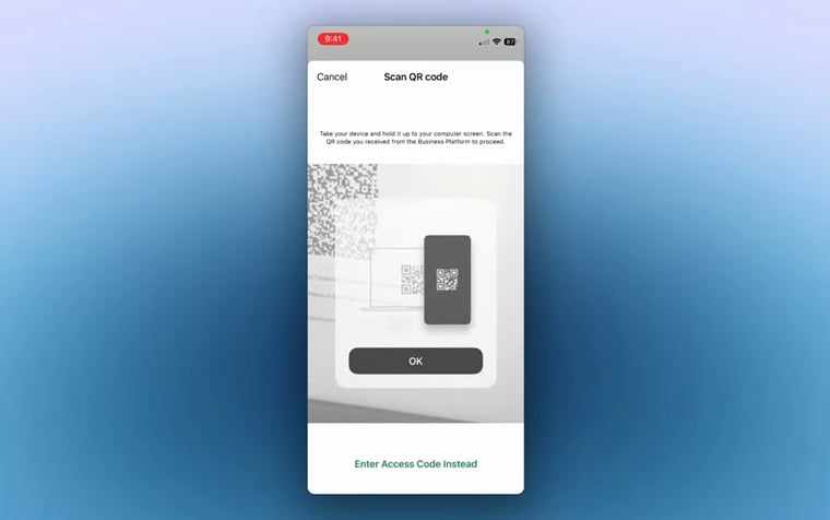 The WhatsApp Business App asks you to scan the QR code from Meta embedded signup.