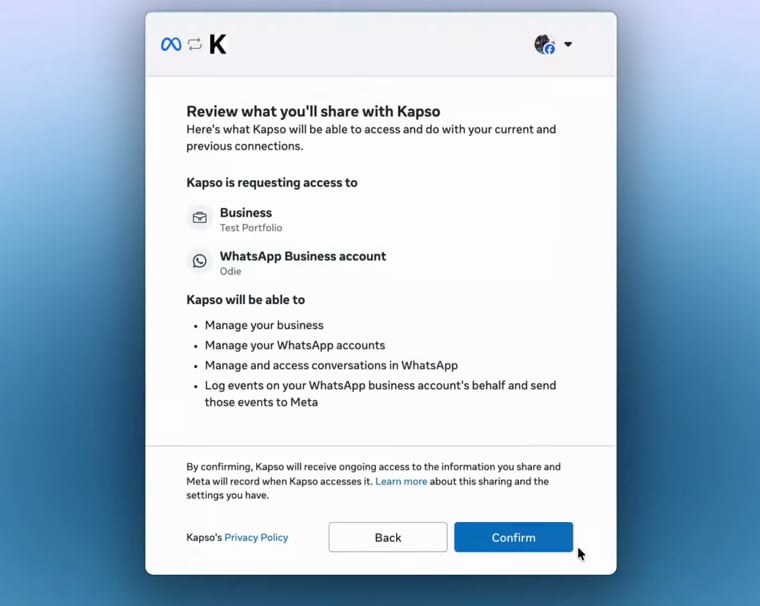 Meta shows the permissions Kapso will receive for the selected business and WhatsApp account.