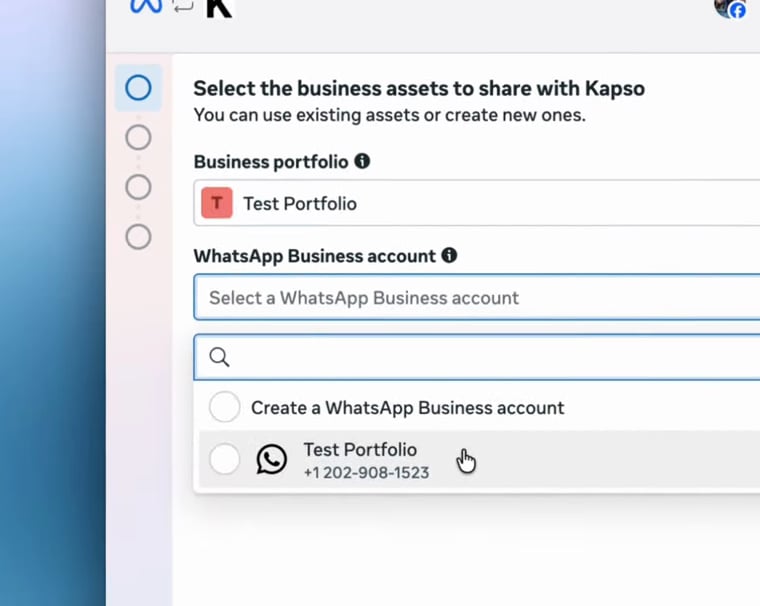 Meta asks you to select the WhatsApp Business account to share with Kapso.