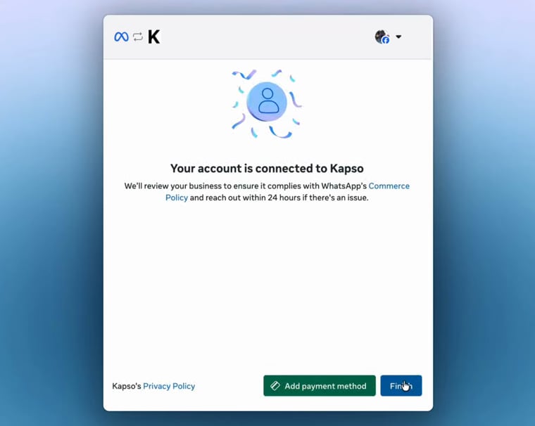 Meta confirms that the account is connected to Kapso.