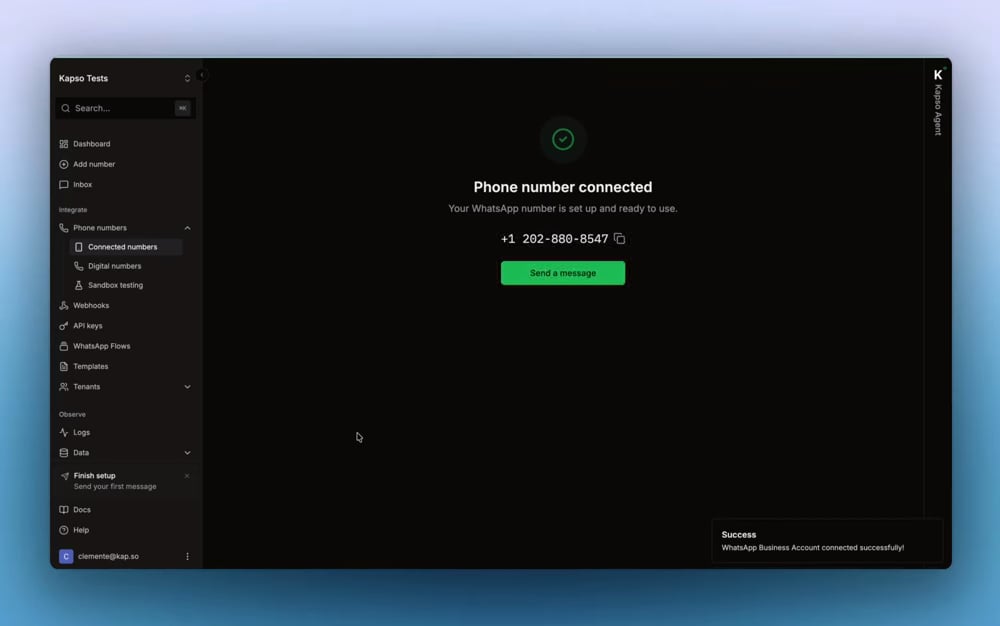 Kapso shows the phone number as connected after Meta returns to the app.