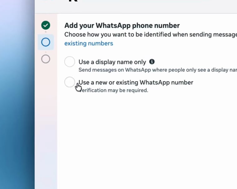 Meta shows Use a new or existing WhatsApp number on the Add your WhatsApp phone number screen.