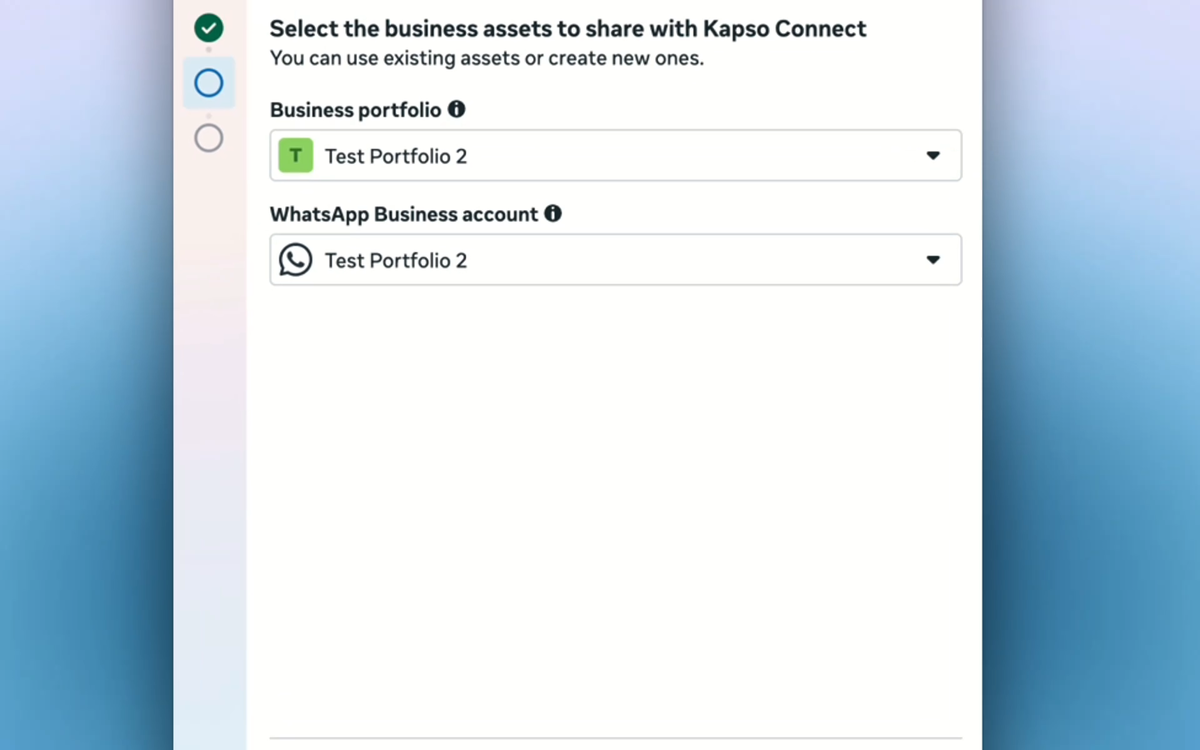 Meta shows the selected business portfolio and WhatsApp Business account.
