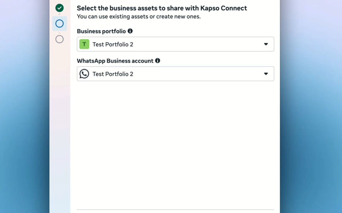 Meta shows the selected business portfolio and WhatsApp Business account.