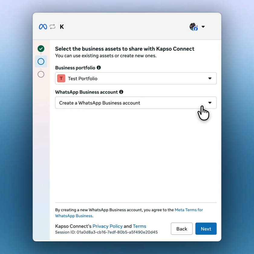 Meta asks you to select the business portfolio and WhatsApp Business account.