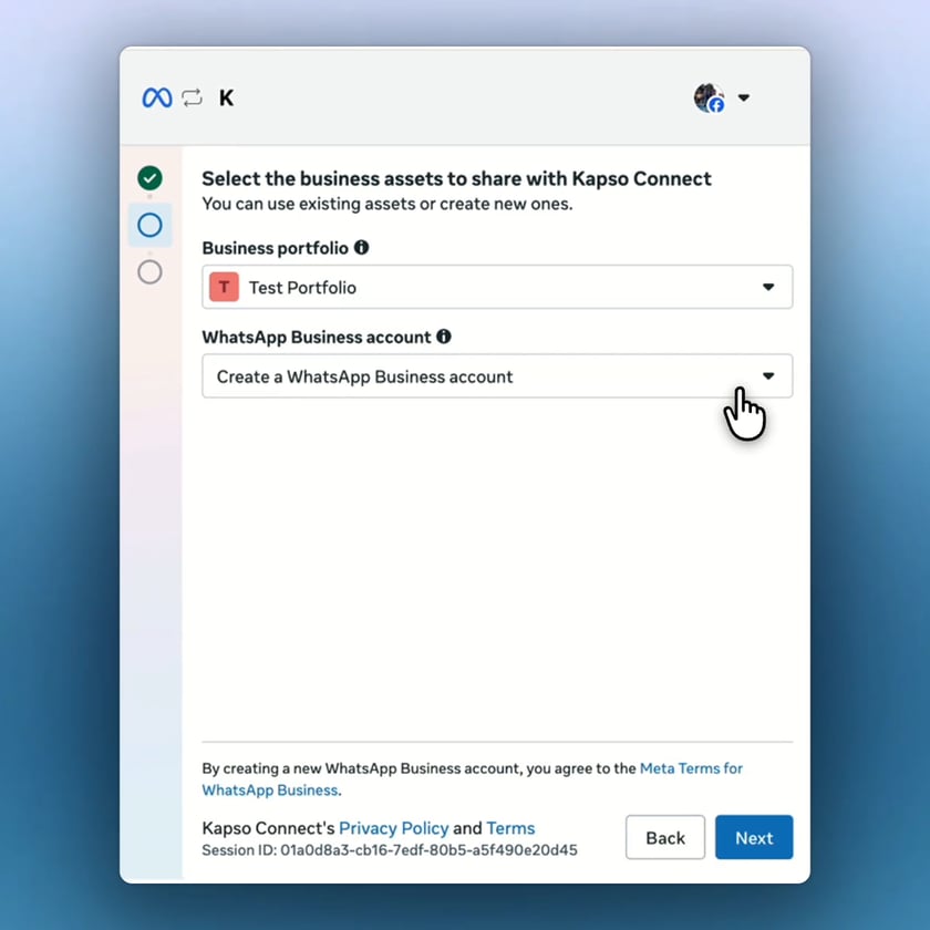 Meta asks you to select the business portfolio and WhatsApp Business account.