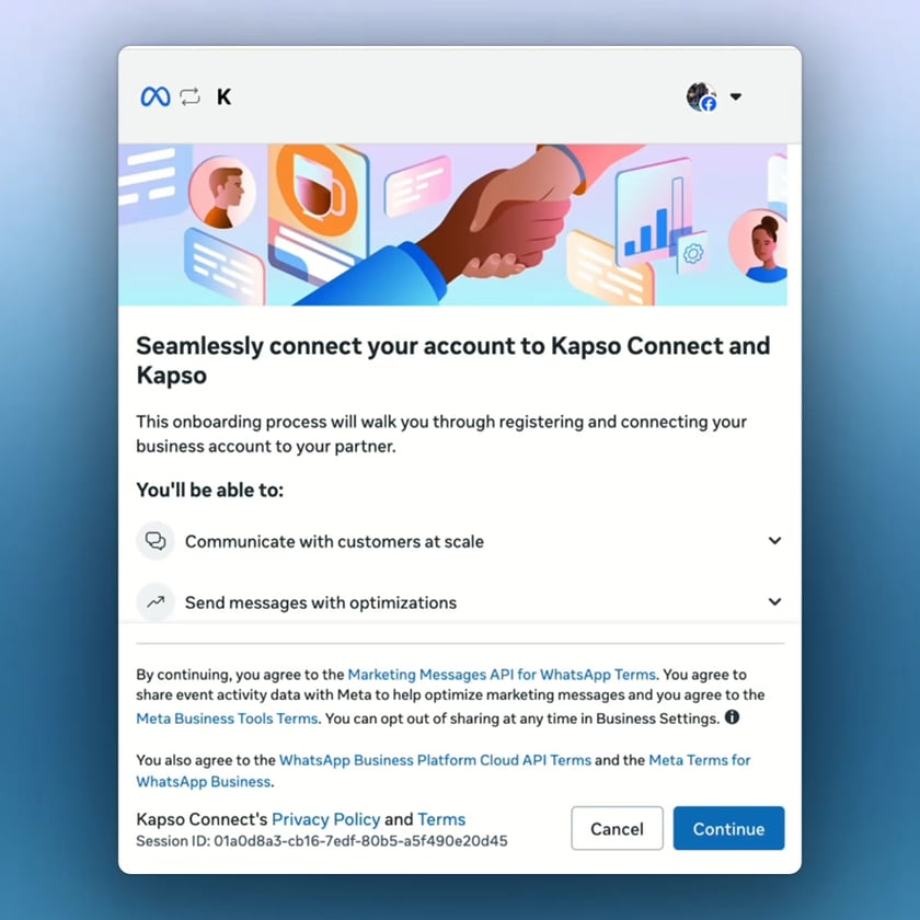 Meta embedded signup asks you to continue connecting the account to Kapso.