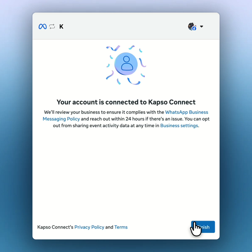 Meta confirms that the account is connected to Kapso.