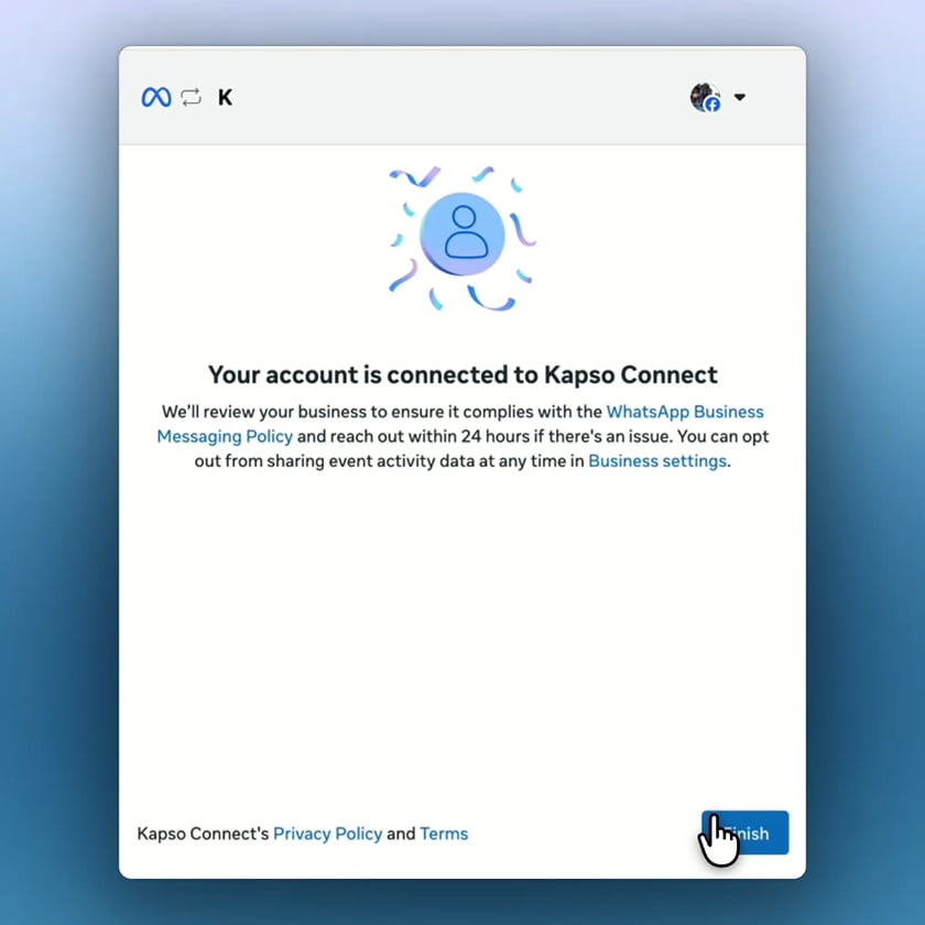 Meta confirms that the account is connected to Kapso.