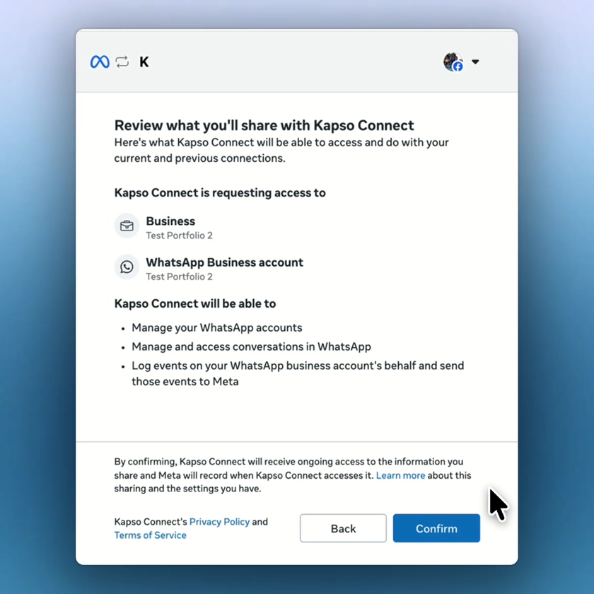 Meta shows the permissions Kapso will receive for the selected business and WhatsApp account.