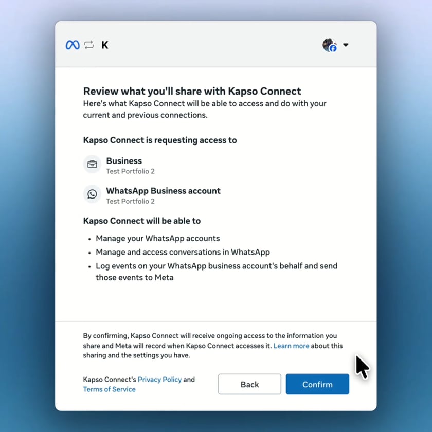 Meta shows the permissions Kapso will receive for the selected business and WhatsApp account.