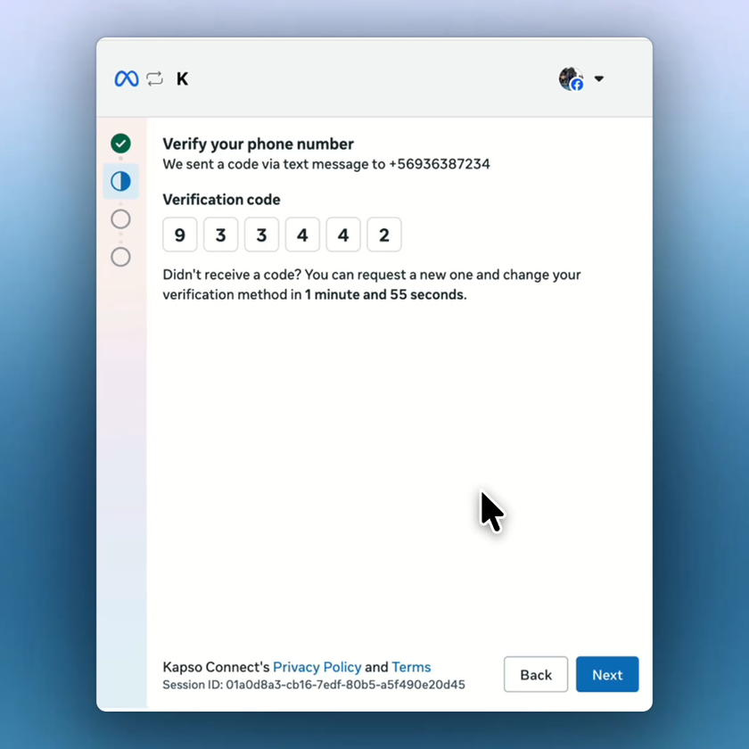 Meta asks for the 6-digit verification code sent by text message.