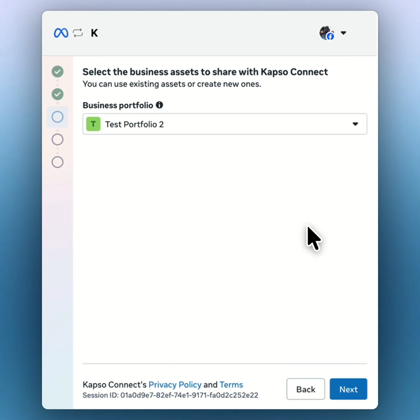 Meta asks you to select the business portfolio to share with Kapso.