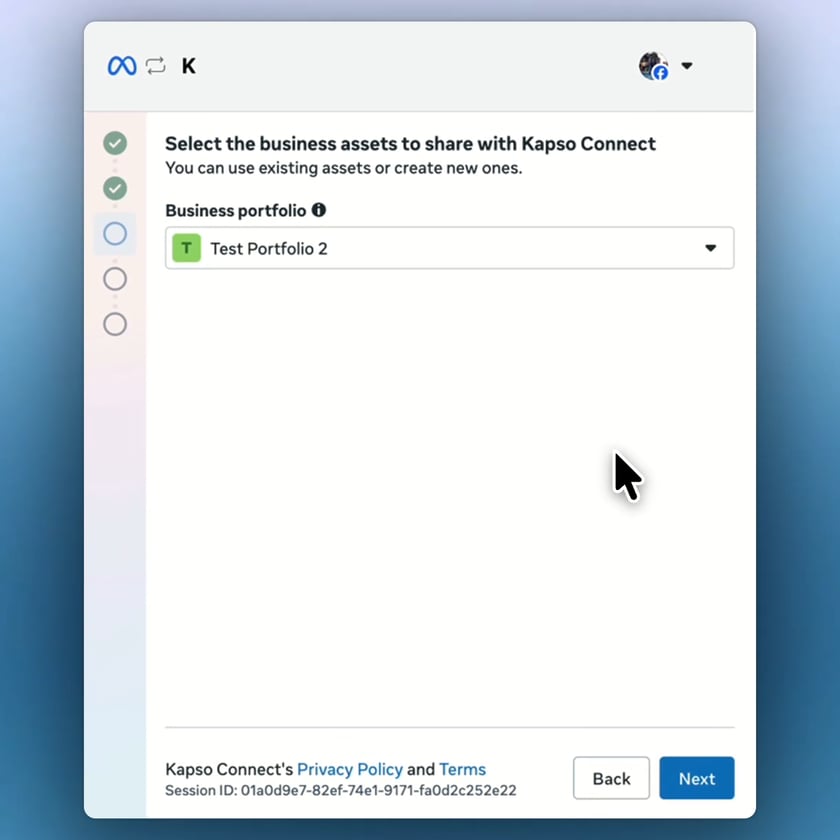 Meta asks you to select the business portfolio to share with Kapso.