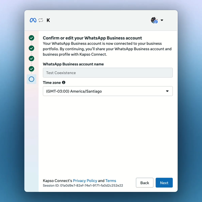 Meta asks you to confirm the WhatsApp Business account name and time zone.