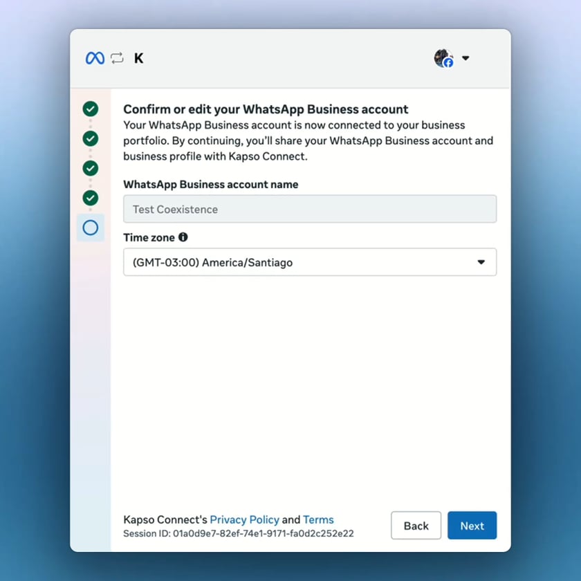 Meta asks you to confirm the WhatsApp Business account name and time zone.