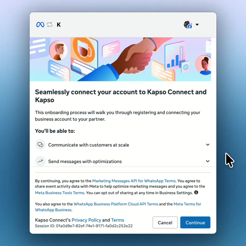 Meta embedded signup asks you to continue connecting the account to Kapso.