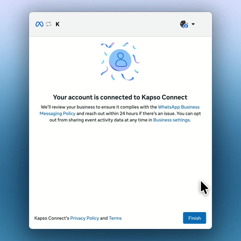 Meta confirms that the account is connected to Kapso.