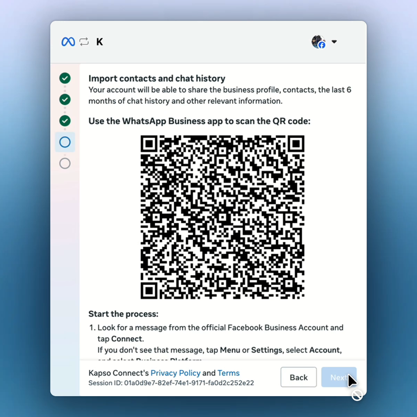 Meta shows the QR code to scan with the WhatsApp Business App.