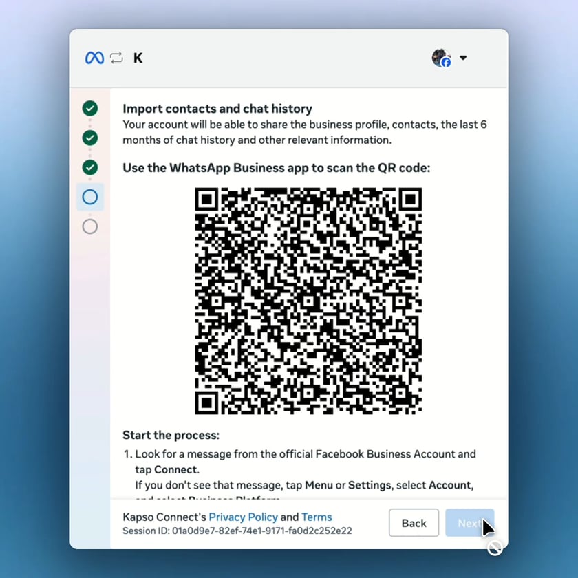 Meta shows the QR code to scan with the WhatsApp Business App.
