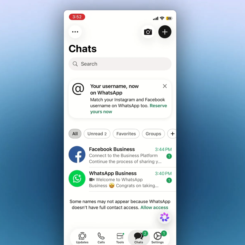 The WhatsApp Business App Chats screen with the camera icon at the top.