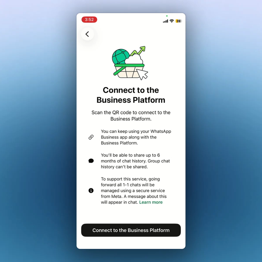 The WhatsApp Business App shows the Connect to the Business Platform screen.