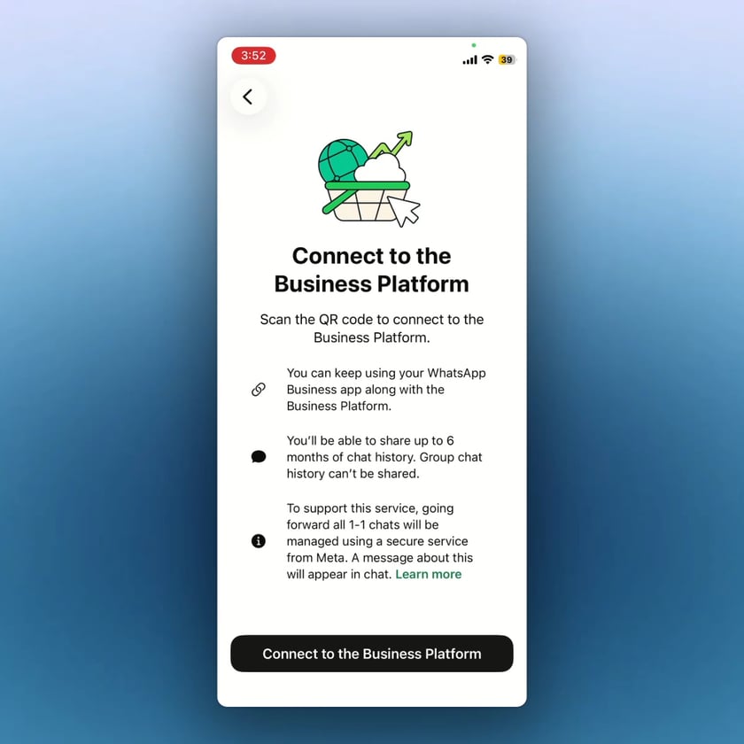 The WhatsApp Business App shows the Connect to the Business Platform screen.