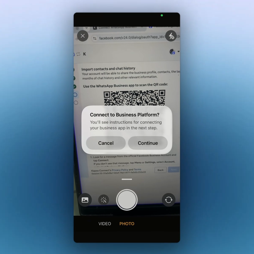 The WhatsApp Business App asks you to confirm the connection to the Business Platform.