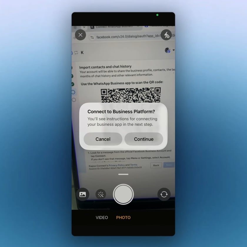 The WhatsApp Business App asks you to confirm the connection to the Business Platform.