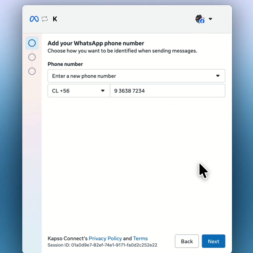 Meta asks for the WhatsApp Business App phone number with the country code.