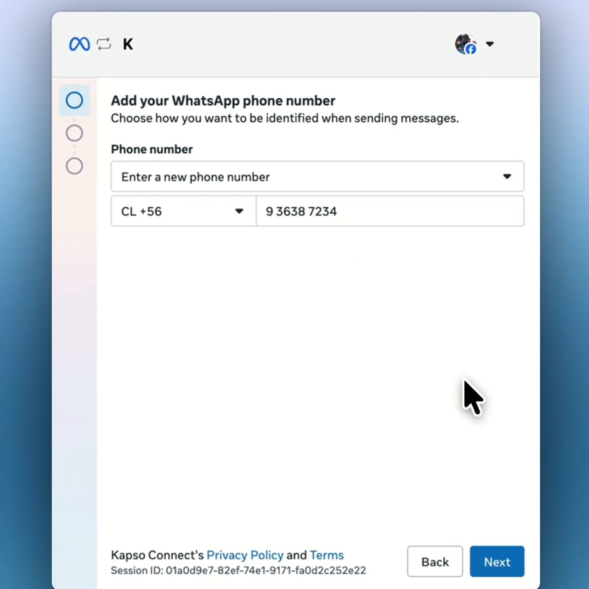 Meta asks for the WhatsApp Business App phone number with the country code.
