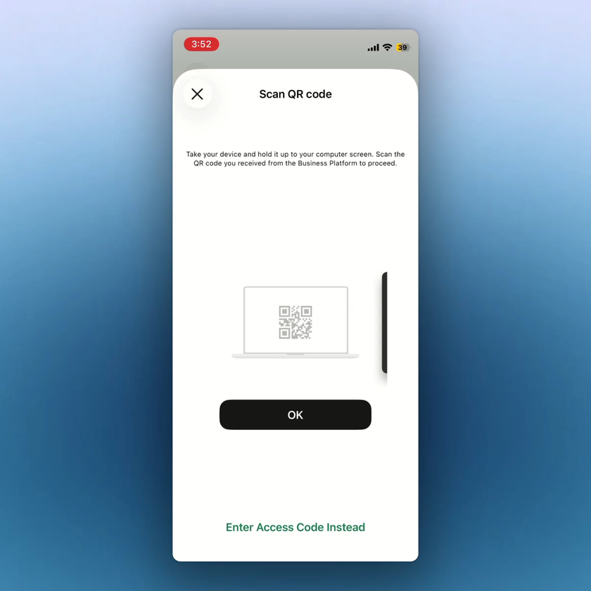 The WhatsApp Business App asks you to scan the QR code from the Business Platform.