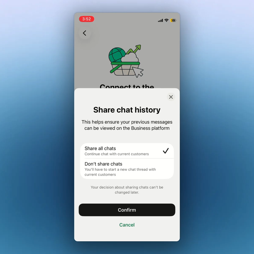 The WhatsApp Business App asks whether to share chat history.