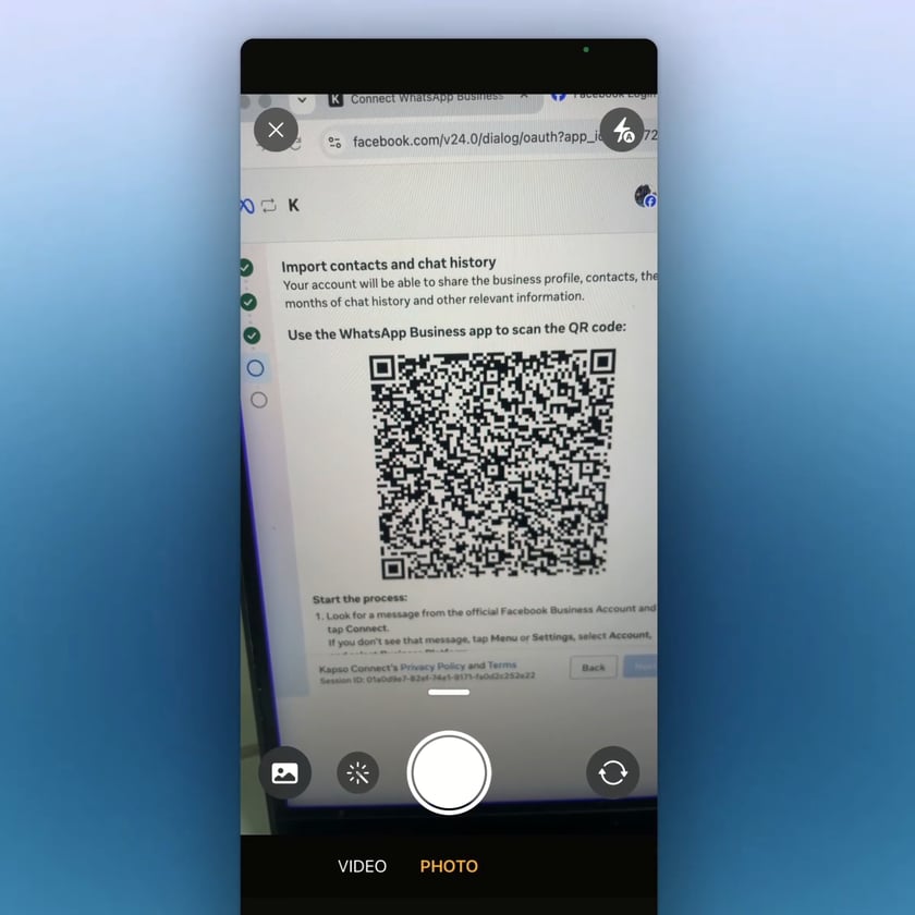 The WhatsApp Business App camera scans the QR code on the Meta screen.
