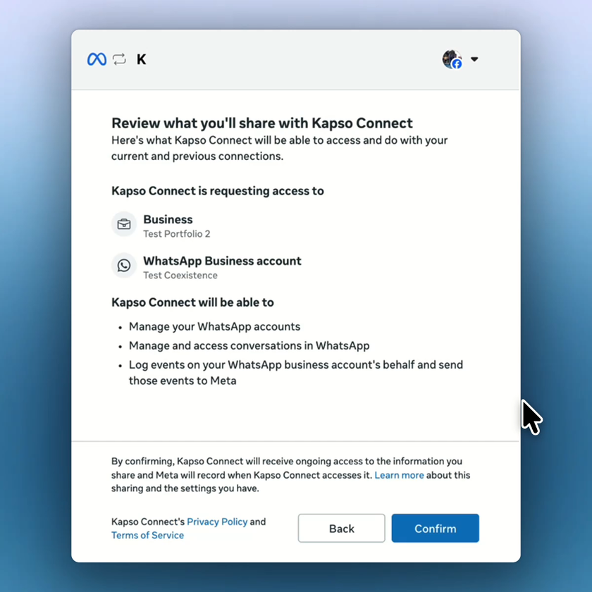 Meta shows the permissions Kapso will receive for the selected business and WhatsApp account.