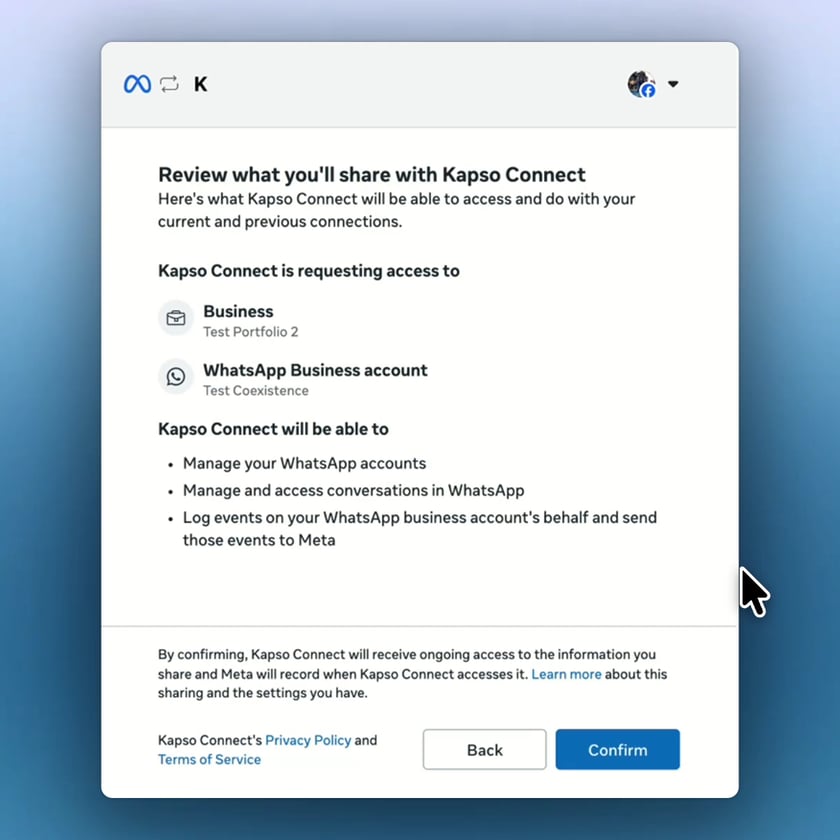 Meta shows the permissions Kapso will receive for the selected business and WhatsApp account.
