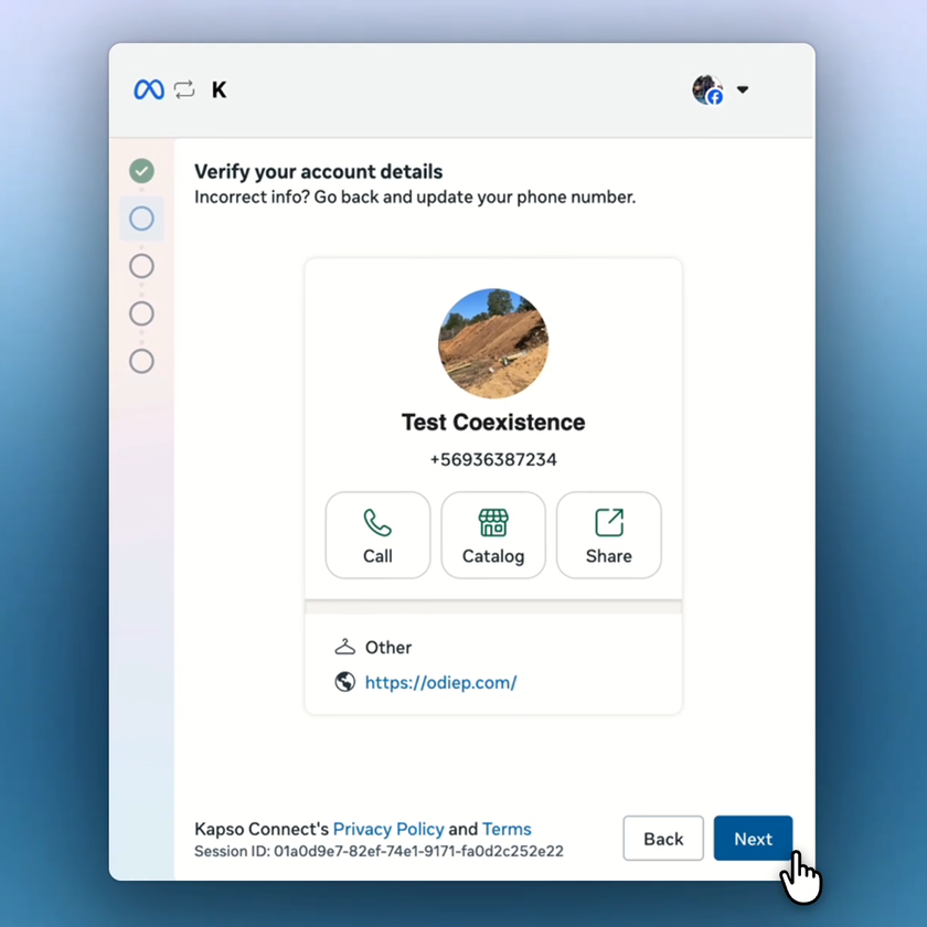 Meta shows the WhatsApp Business App profile linked to the number.