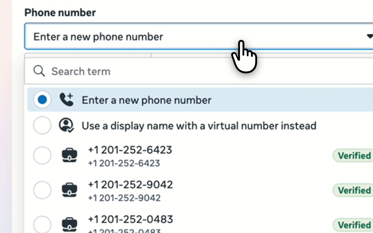 Meta lists pre-verified numbers with a Verified badge under the display name option.