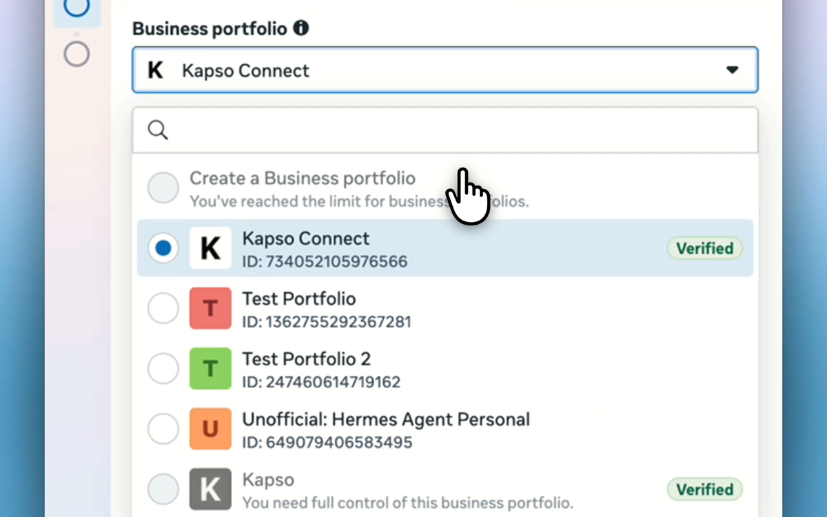 Meta asks you to select the business portfolio to share with Kapso.