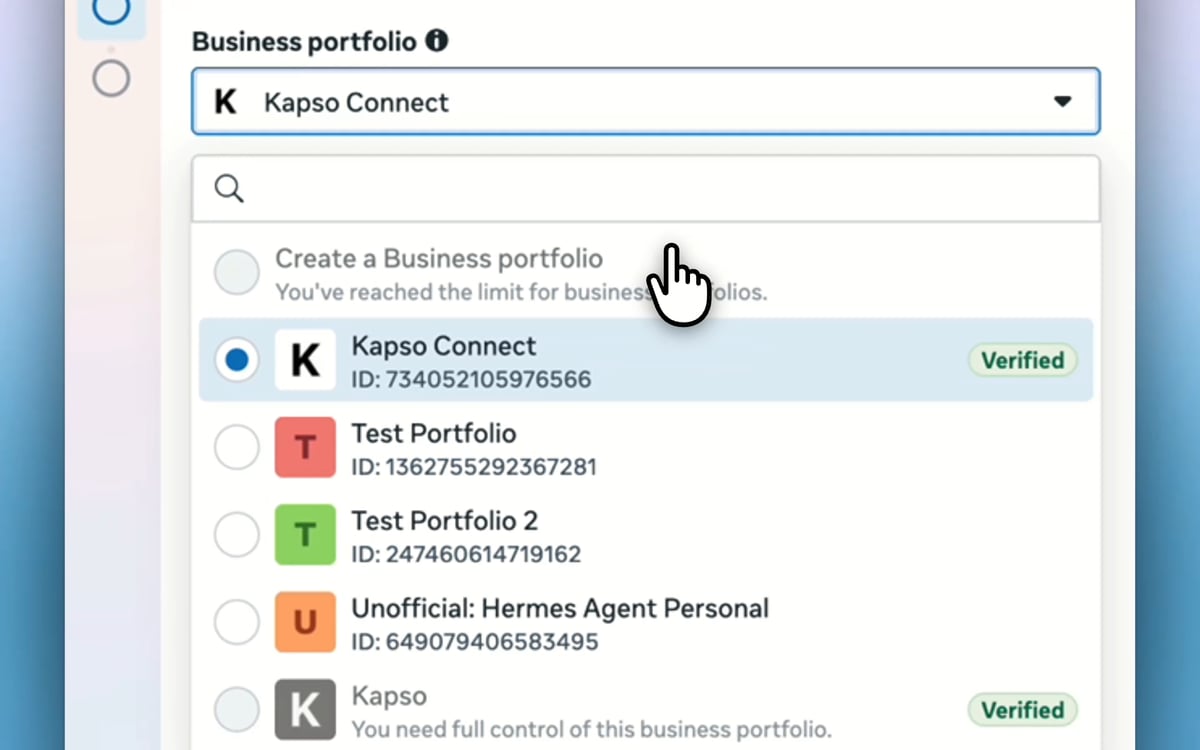 Meta asks you to select the business portfolio to share with Kapso.