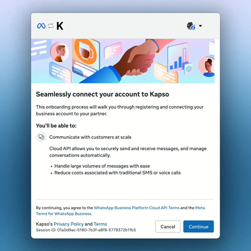 Meta embedded signup asks you to continue connecting the account to Kapso.