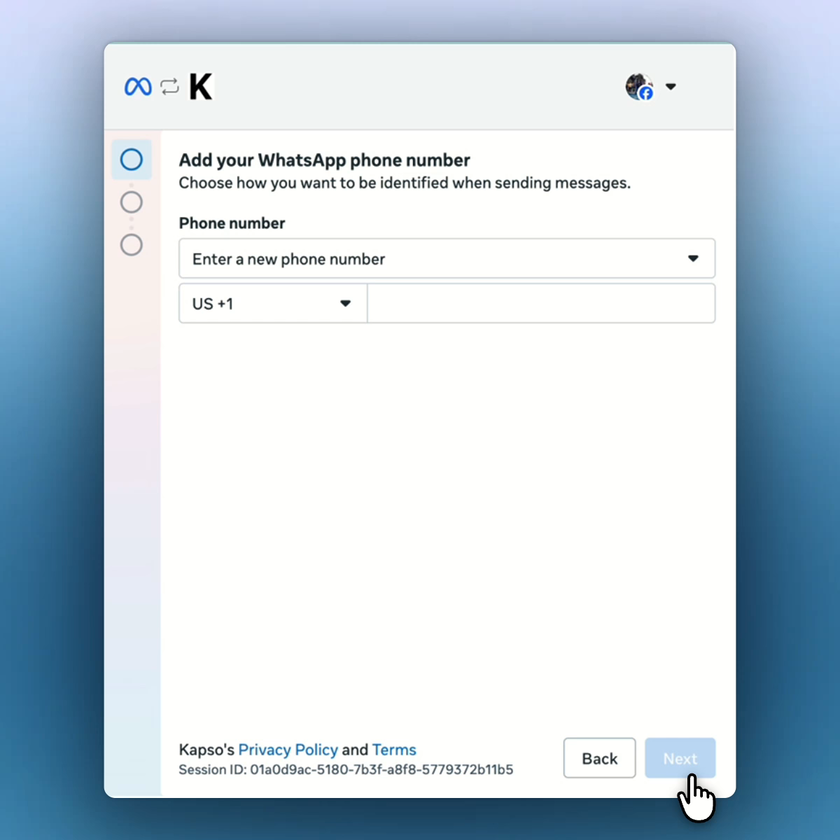 Meta shows the Add your WhatsApp phone number screen with the Phone number dropdown.