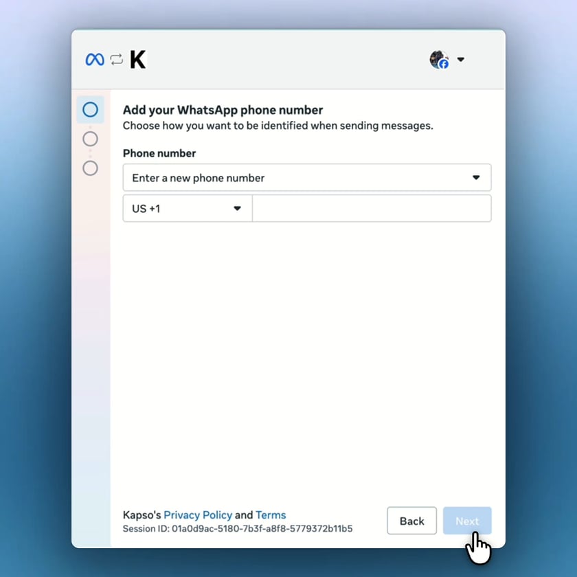 Meta shows the Add your WhatsApp phone number screen with the Phone number dropdown.